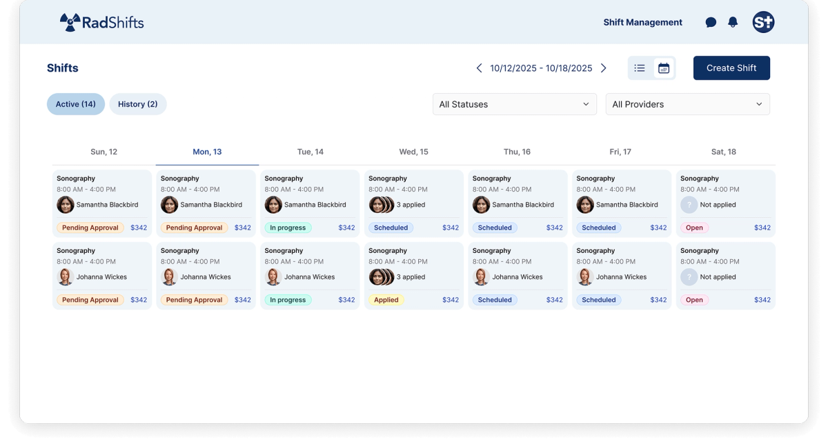 RadShifts facility web portal (Next.js) for posting and managing radiology shifts