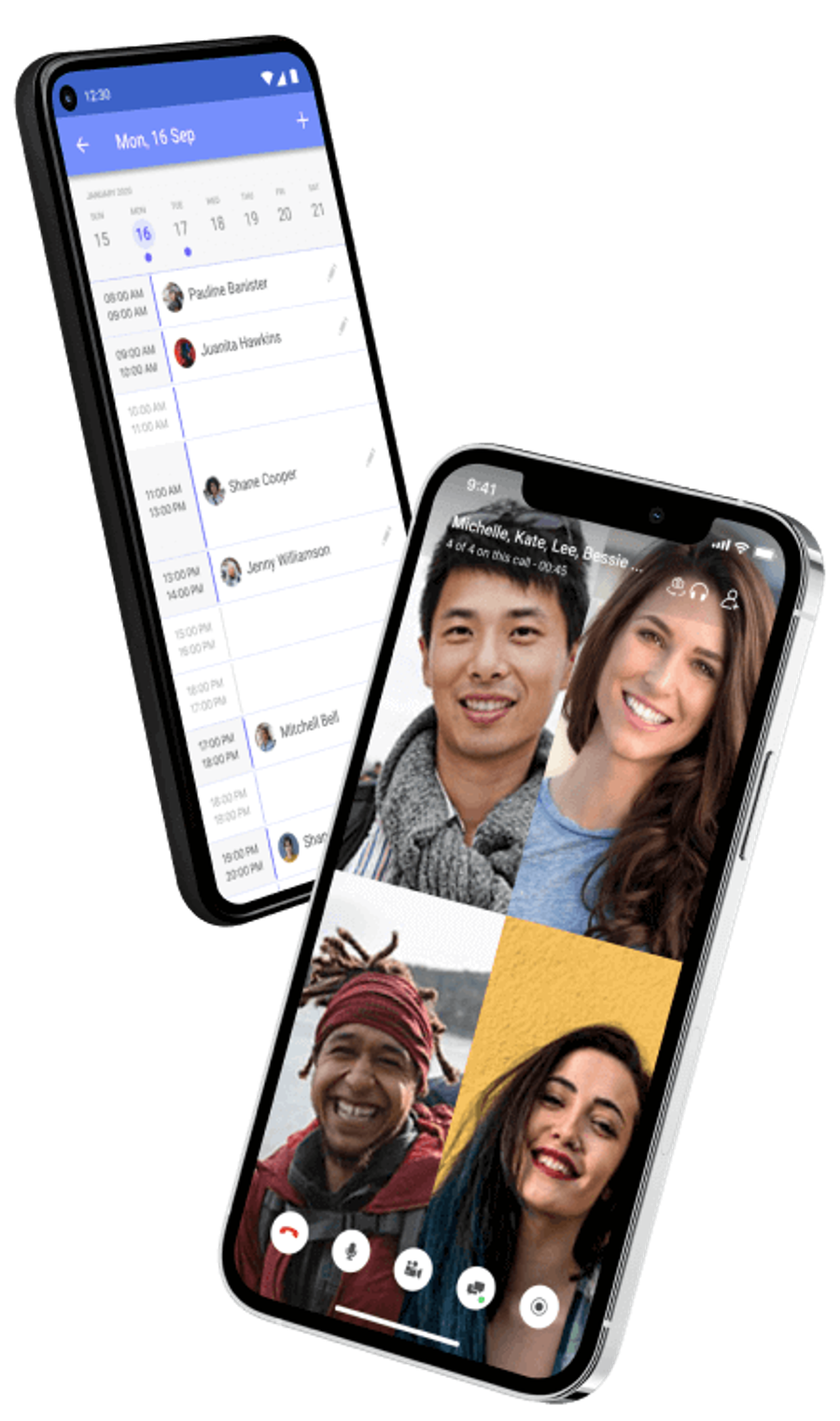 Video conferencing app — chat list and a live video call on mobile