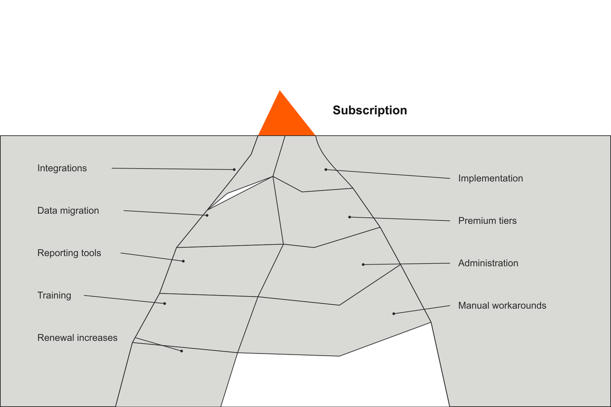 Visible SaaS subscription cost above the waterline and nine hidden costs below