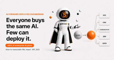 Hero banner reading 'Everyone buys the same AI. Few can deploy it.' A Softermii robot connects a shared AI model to business systems — ads, CRM, communication, ERP, and data. Caption: about 95% of enterprise AI pilots show no measurable P&L impact (MIT, 2025).