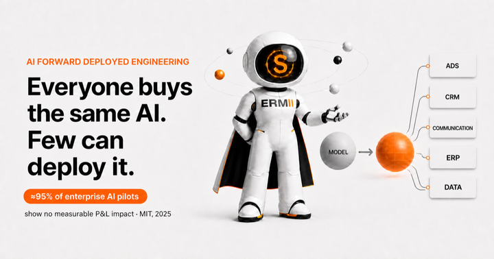 Hero banner reading 'Everyone buys the same AI. Few can deploy it.' A Softermii robot connects a shared AI model to business systems — ads, CRM, communication, ERP, and data. Caption: about 95% of enterprise AI pilots show no measurable P&L impact (MIT, 2025).
