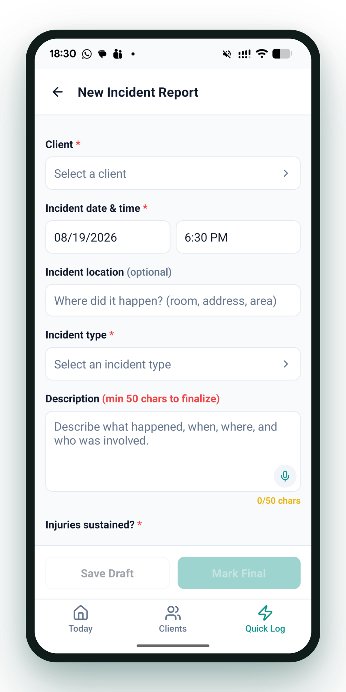 Thrive Portal: new incident report form on mobile