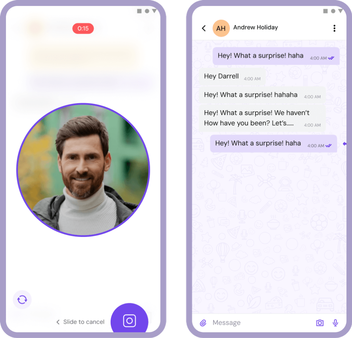 Kiwichat app interface mockup showing onboarding and chat list screens in a mobile view