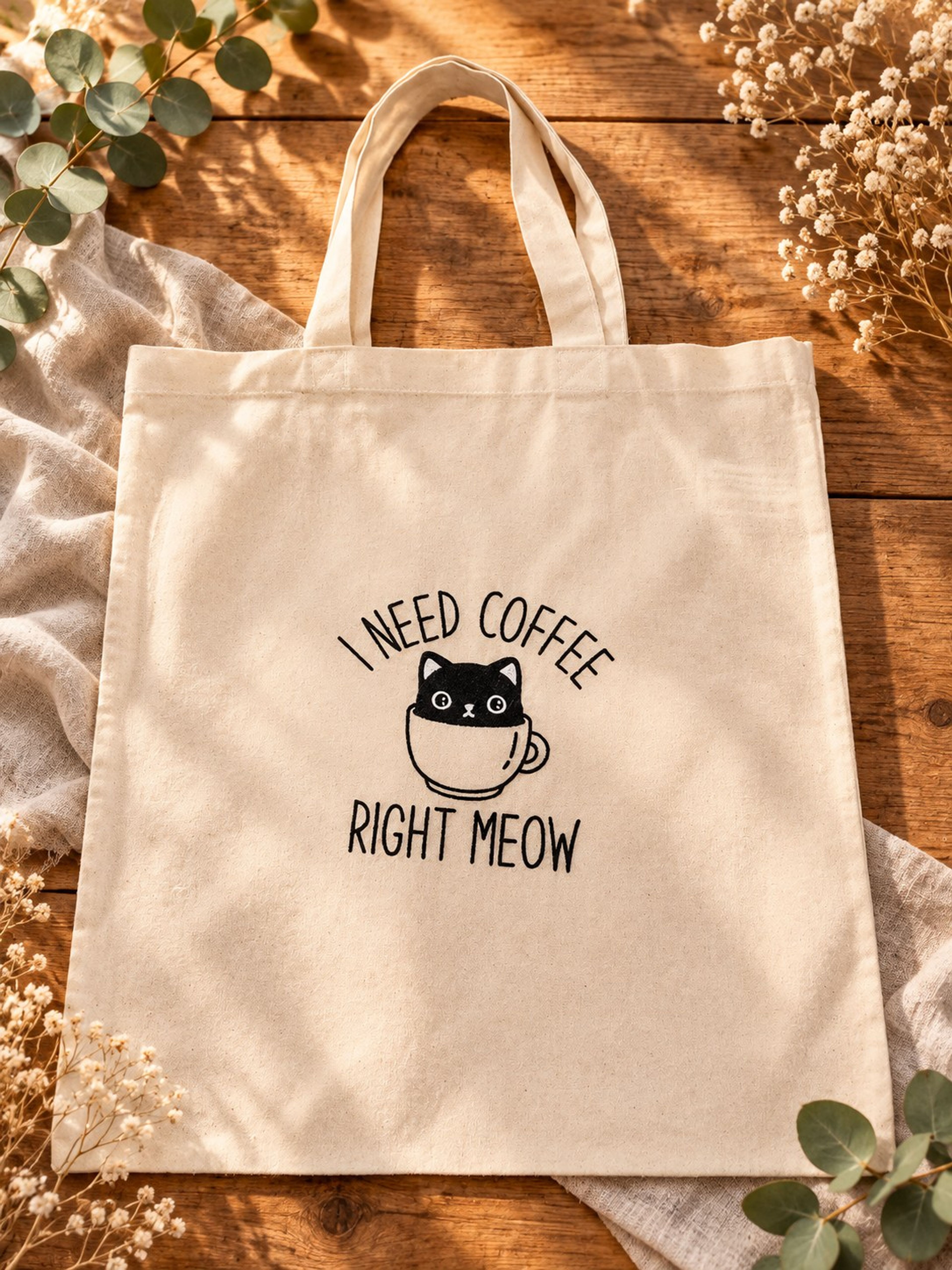 Stofftasche «I need coffee right meow»