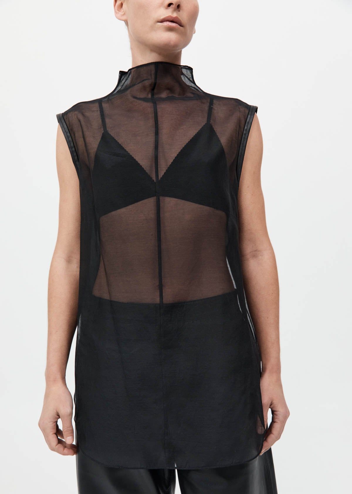 Product Image for Sheer Silk Leather Trim Top, Black