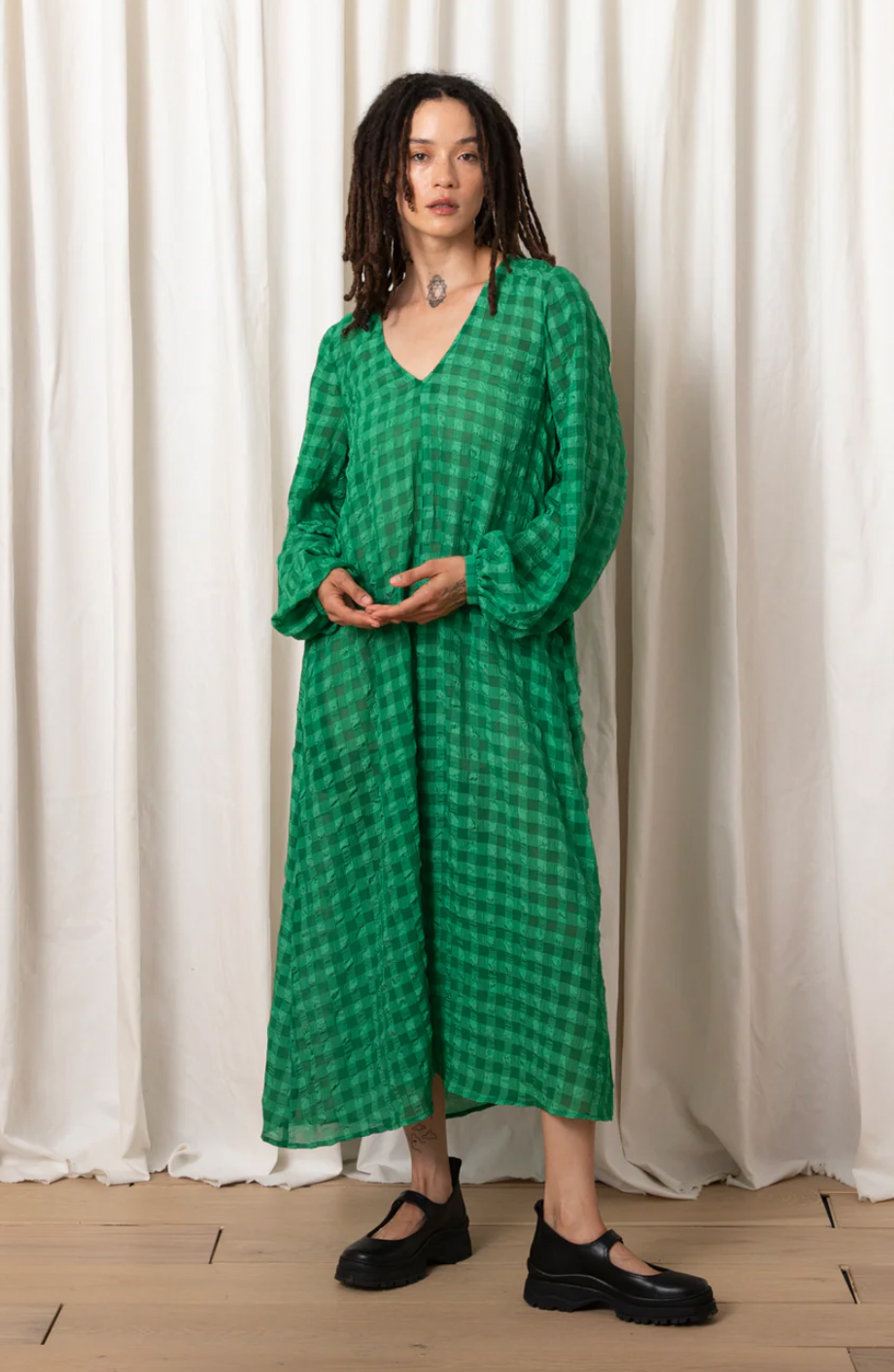 Product Image for Long Sleeve V-Neck Dress, Kelly Green Check