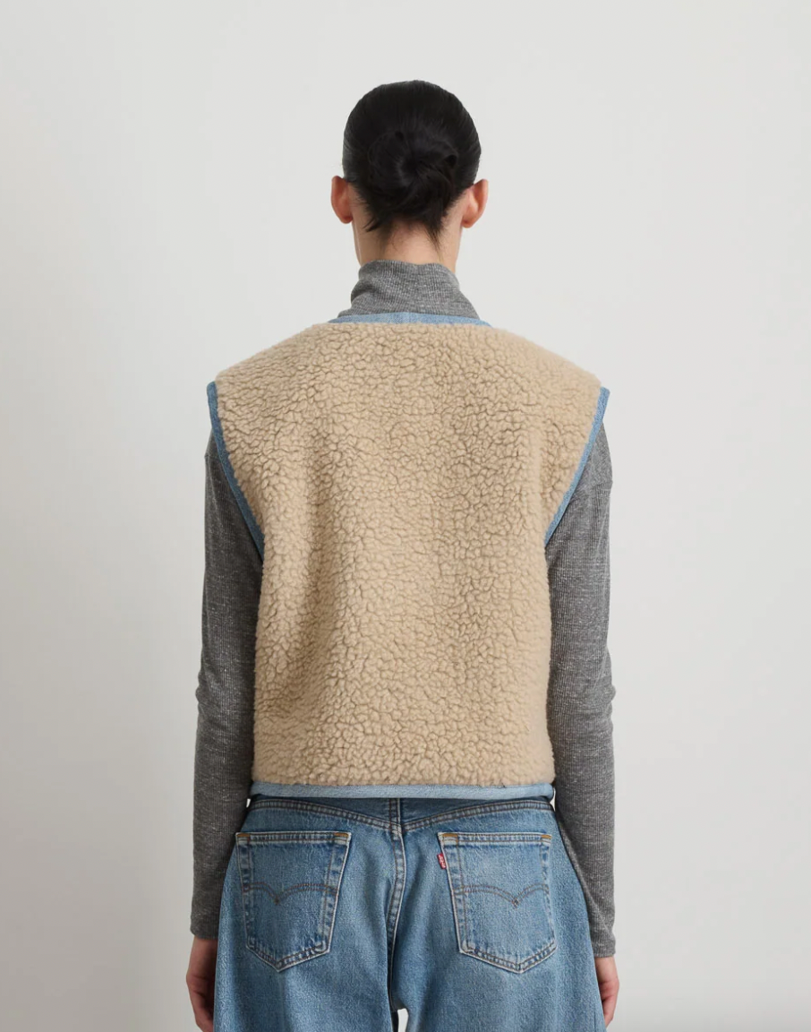 Product Image for Reversible Reworked Vintage Denim and Sherpa Vest, Oatmeal Sherpa