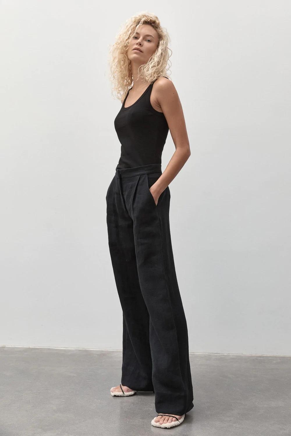 Product Image for Linen Pleated Detail Trousers, Black
