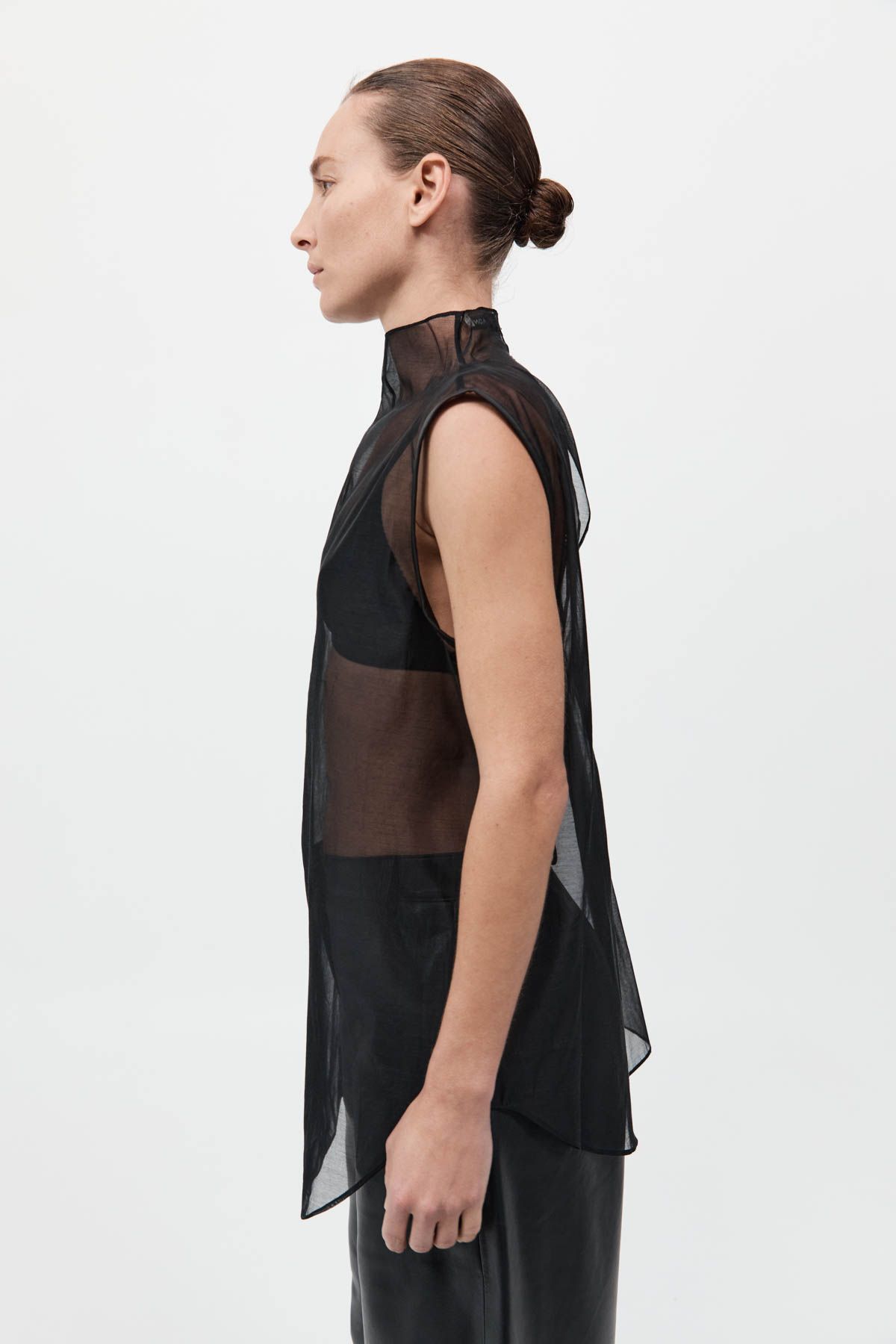 Product Image for Sheer Silk Leather Trim Top, Black