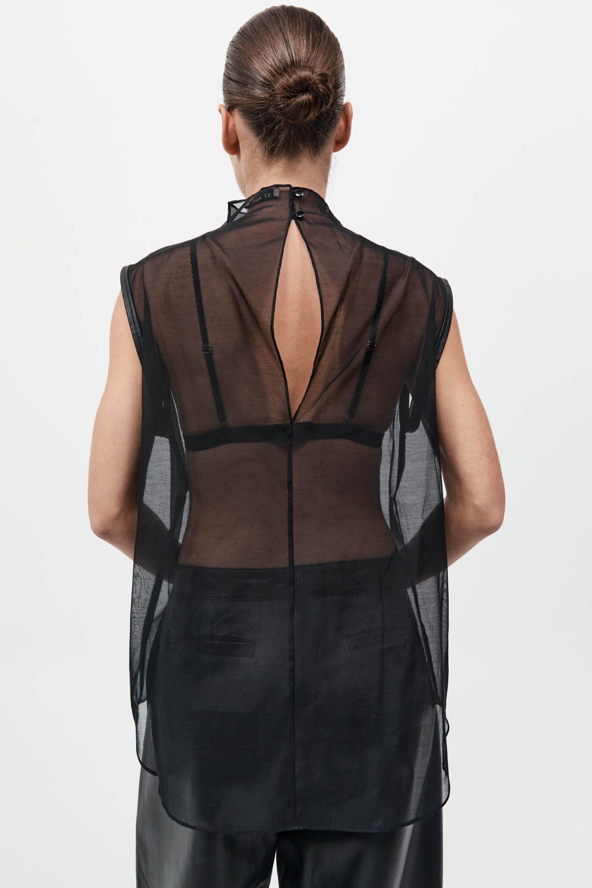 Product Image for Sheer Silk Leather Trim Top, Black