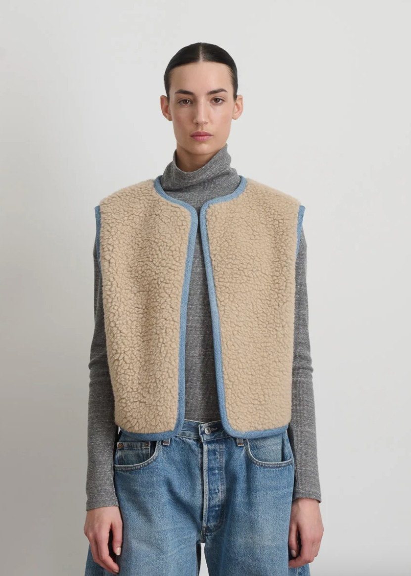 Product Image for Reversible Reworked Vintage Denim and Sherpa Vest, Oatmeal Sherpa