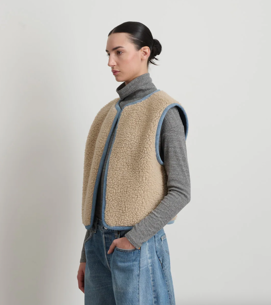 Product Image for Reversible Reworked Vintage Denim and Sherpa Vest, Oatmeal Sherpa