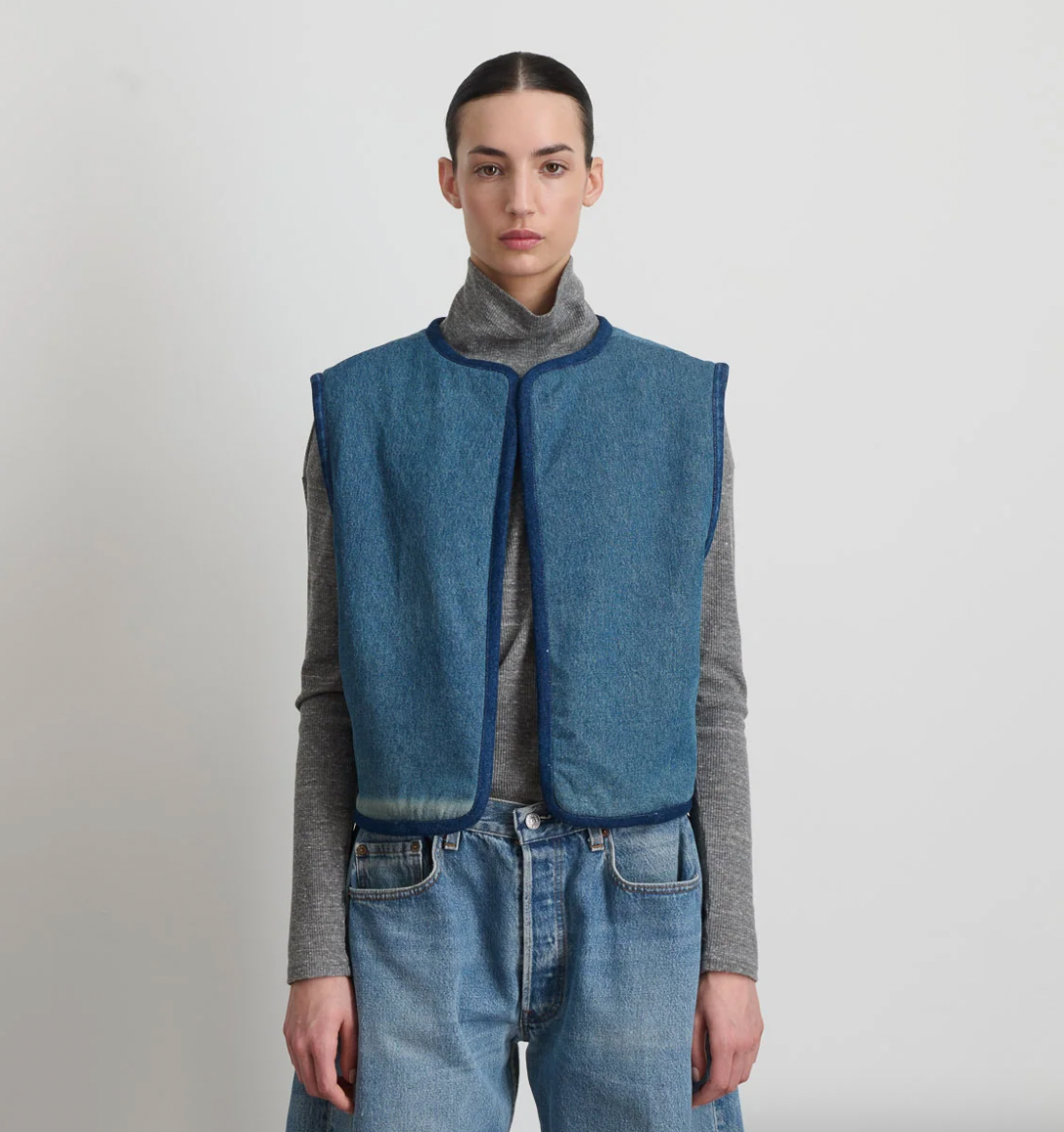 Product Image for Reversible Reworked Vintage Denim and Sherpa Vest, Oatmeal Sherpa