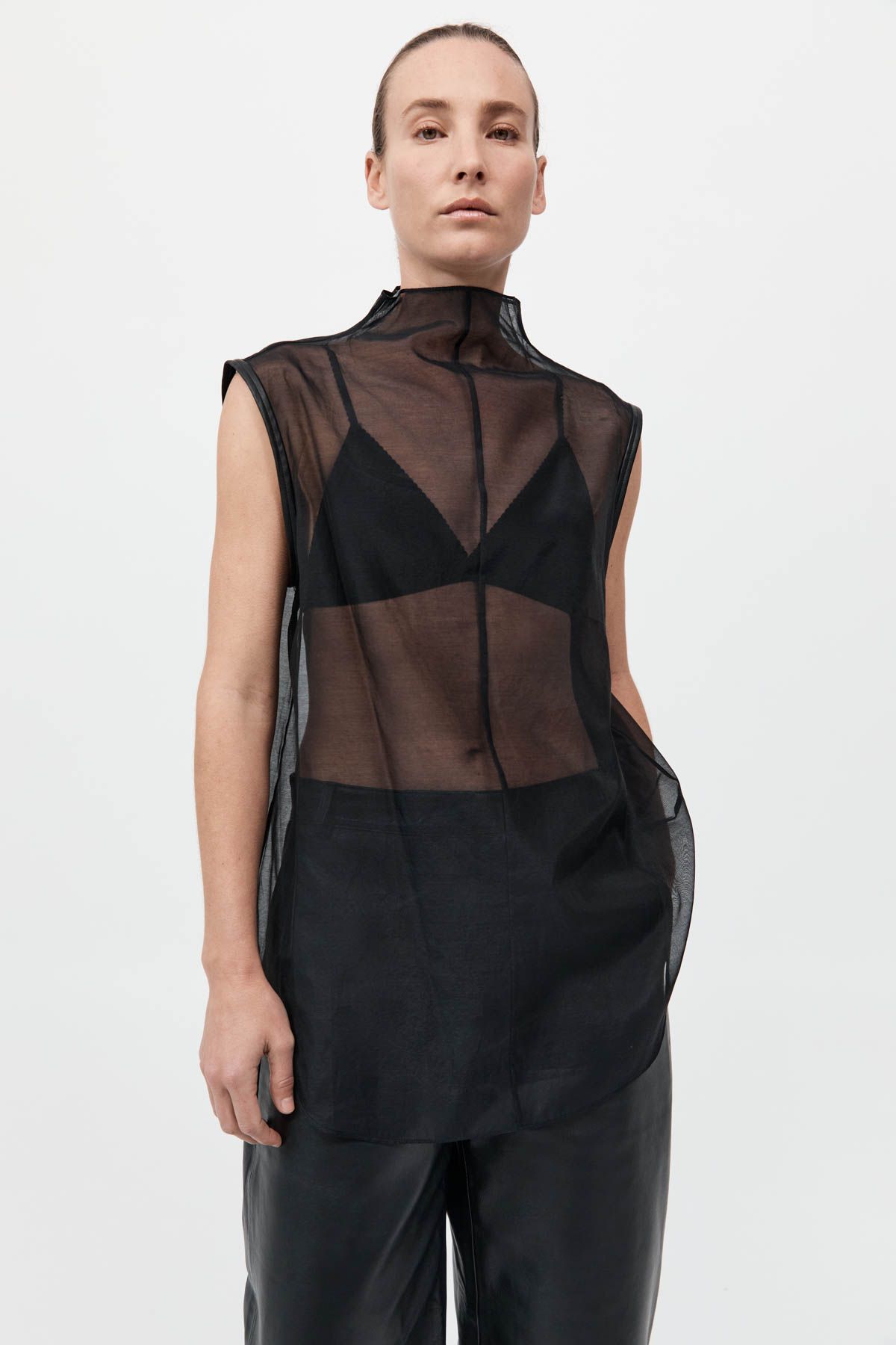 Product Image for Sheer Silk Leather Trim Top, Black