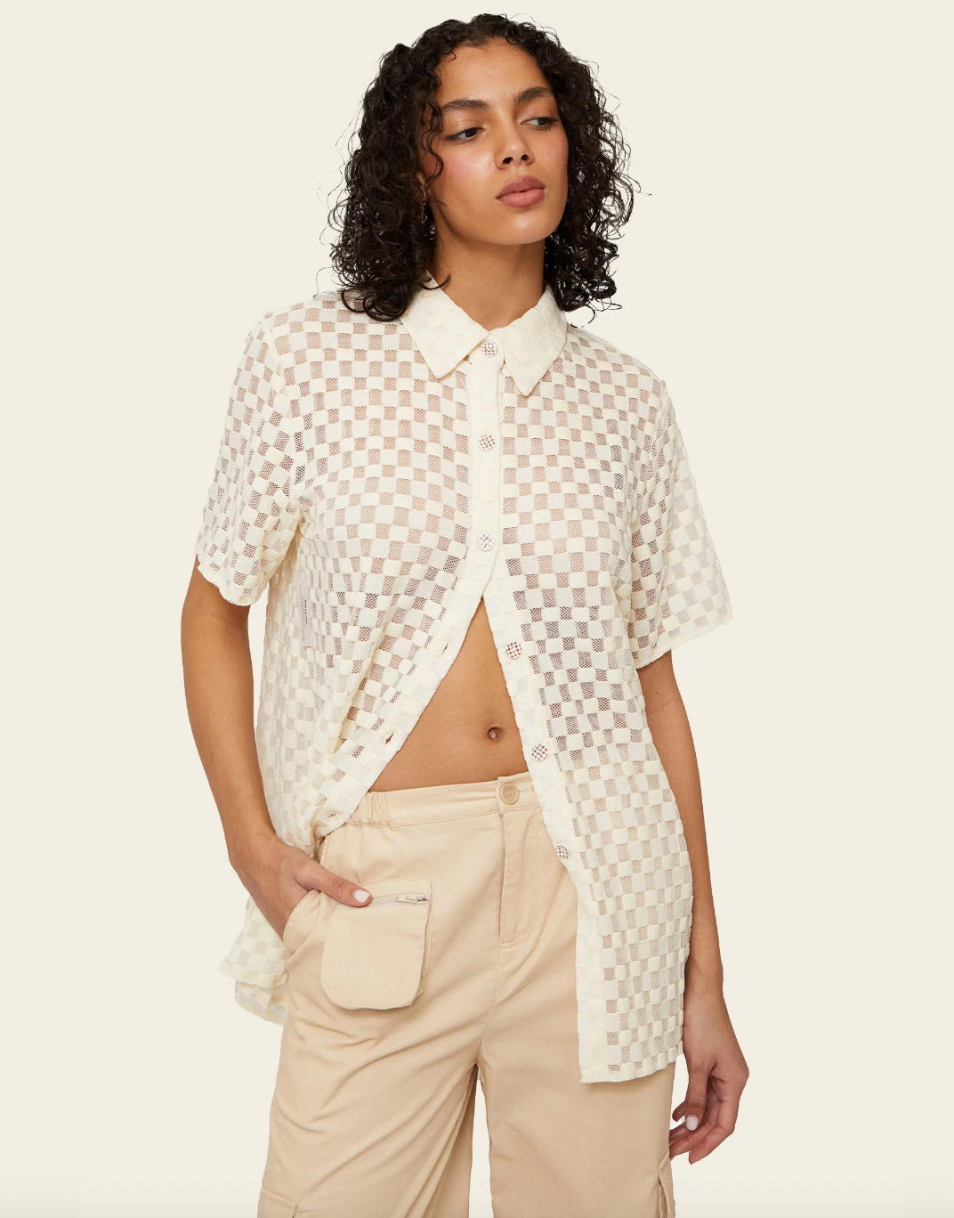 Product Image for Harmony Checkered Mesh Button Down, White Noise