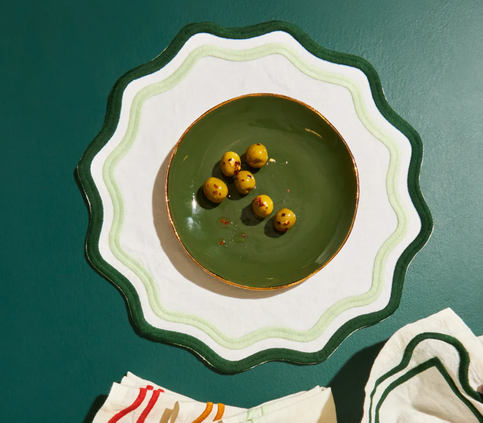 Product Image for Colorblock Embroidered Linen Placemats in Dark Green / Sage