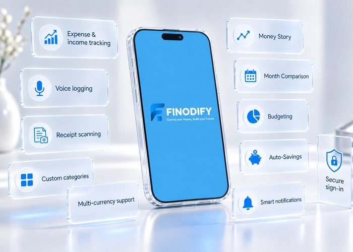 Finodify app interface showing expense categories, monthly spending story, and budget progress in one view