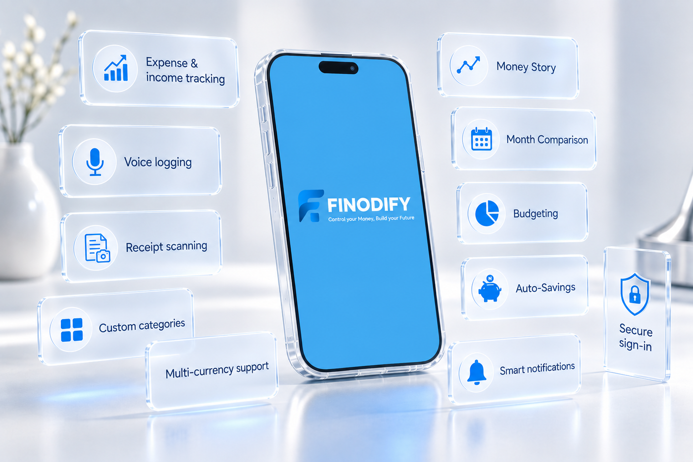 Finodify app interface showing expense categories, monthly spending story, and budget progress in one view