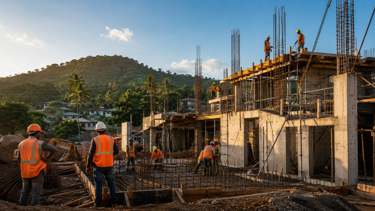 Chantier BTP à Mayotte — équipe ELYSIUM SERVICES sur site