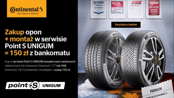 150 PLN za zakup opon Continental z montażem