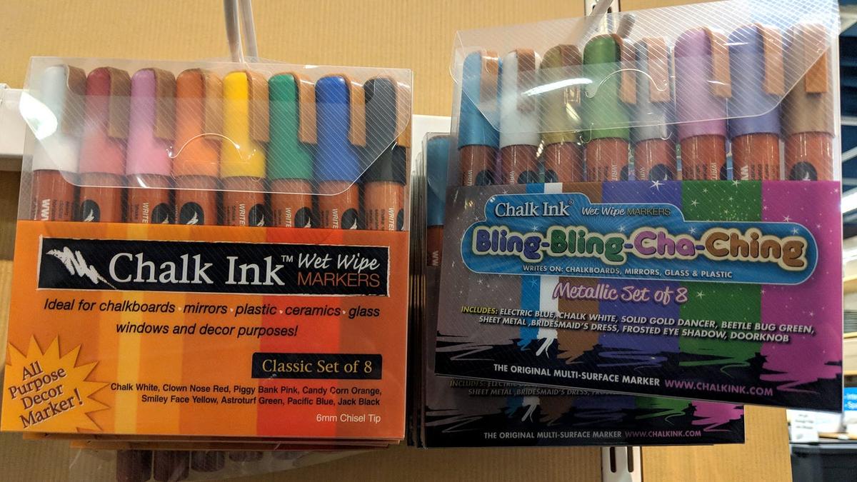Two packs of Chalk Ink markers: "Classic Set of 8" beside "Bling-Bling-Cha-Ching Metallic Set of 8."