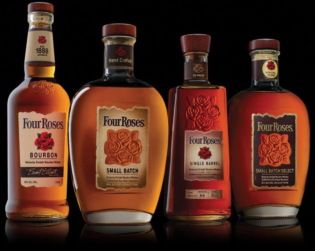 Four bottles of Four Roses bourbon: Bourbon, Small Batch, Single Barrel, and Small Batch Select.