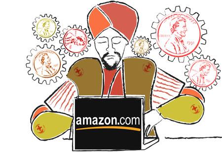 A many-armed figure in a turban at a laptop labeled "amazon.com," surrounded by penny gears.