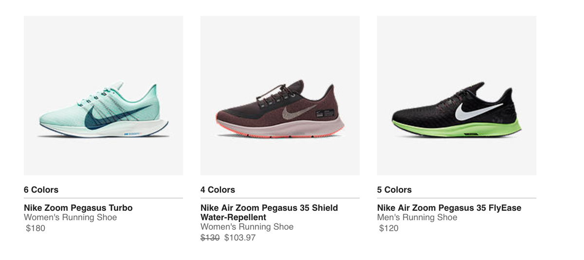 Nike shopping listings for the Zoom Pegasus Turbo, Air Zoom Pegasus 35 Shield and Air Zoom Pegasus 35 FlyEase.