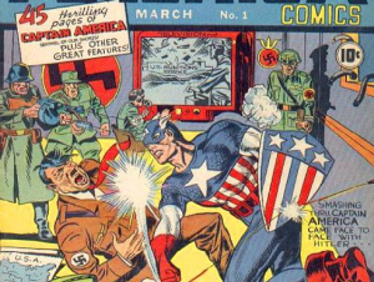 Cover of Captain America Comics No. 1, where the hero punches a Nazi officer beside a swastika flag.