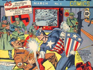 Cover of Captain America Comics No. 1, where the hero punches a Nazi officer beside a swastika flag.