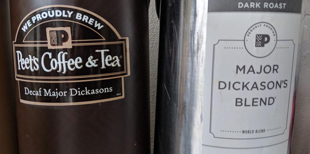 Two coffee dispensers side by side: one reads "Peet's Coffee & Tea, Decaf Major Dickasons," the other "Major Dickason's Blend."