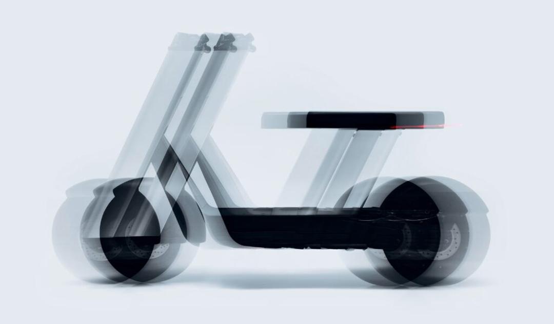 A multiple-exposure render of the Olto scooter, its frame ghosted through the motion