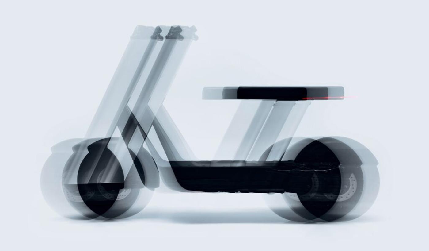 A multiple-exposure render of the Olto scooter, its frame ghosted through the motion