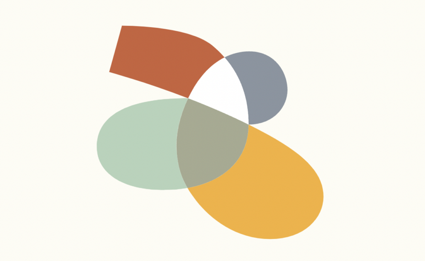 Four translucent shapes in rust, sage, gold and grey, overlapping where they meet