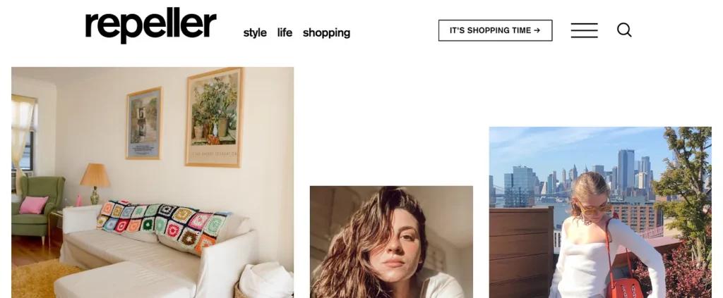 The Repeller homepage, its logo above menu links for style, life and shopping.