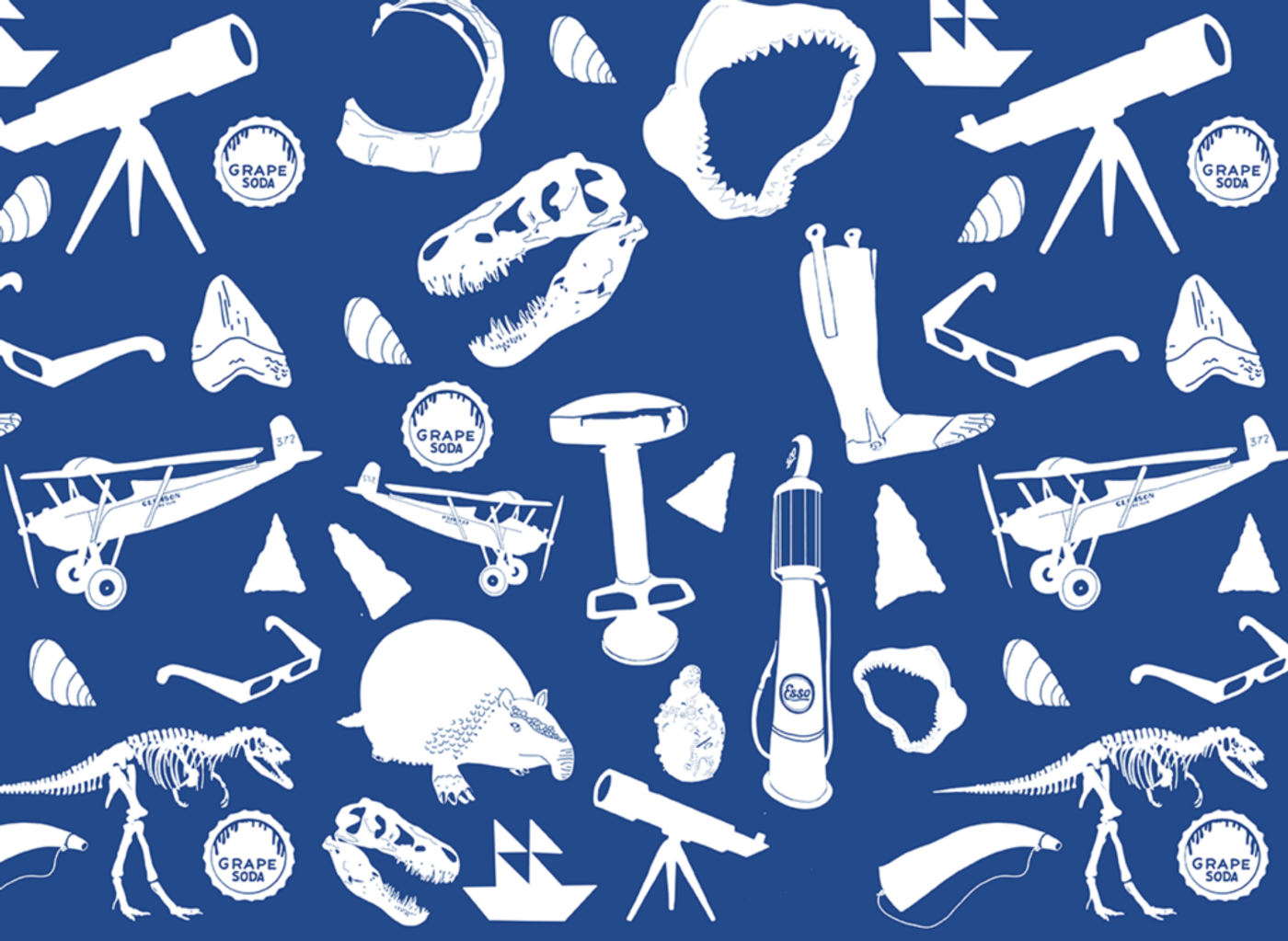 A repeating pattern of white museum objects on blue — dinosaur skulls, biplanes, telescopes, grape soda caps