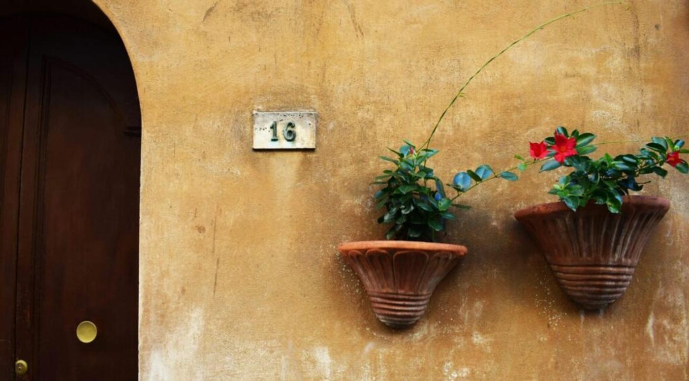 The number 16 on a small enamel plaque beside a door, on a sunlit ochre wall