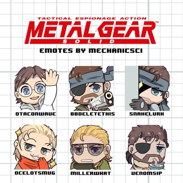 Six Metal Gear Solid character emotes labeled "OtaconWave," "BBDeleteThis," "SnakeLurk," "OcelotSmug," "MillerWhat," and "VenomSip."