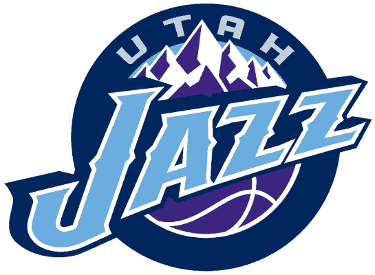 Utah Jazz logo: "JAZZ" in blue lettering over a purple mountain and basketball.