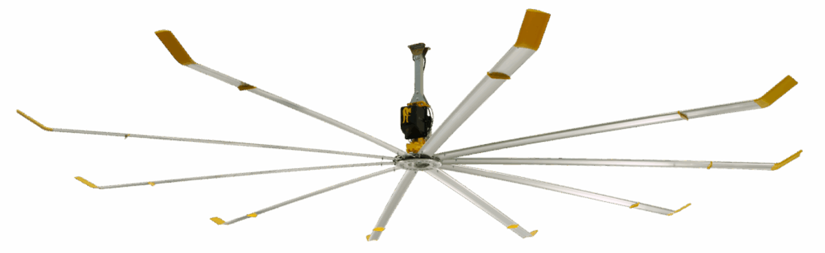 An enormous industrial ceiling fan with ten long silver blades tipped in yellow.