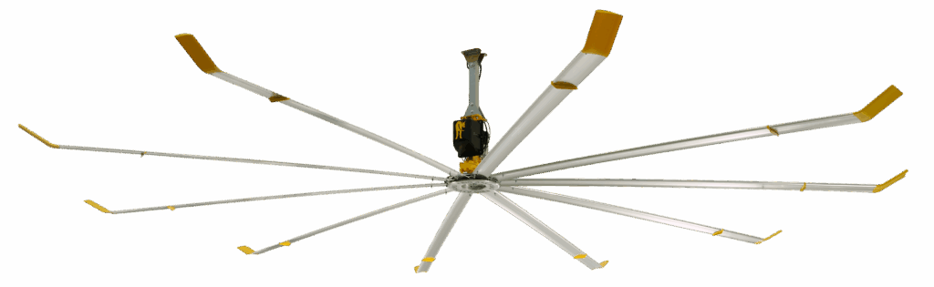 An enormous industrial ceiling fan with ten long silver blades tipped in yellow.
