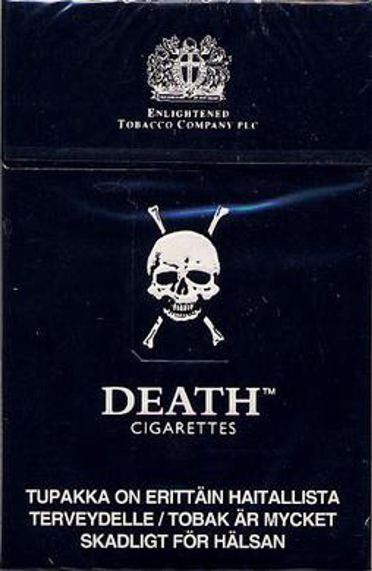 A black cigarette pack with a skull and crossbones, labeled "Death Cigarettes" from the Enlightened Tobacco Company.