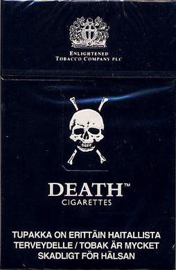 A black cigarette pack with a skull and crossbones, labeled "Death Cigarettes" from the Enlightened Tobacco Company.