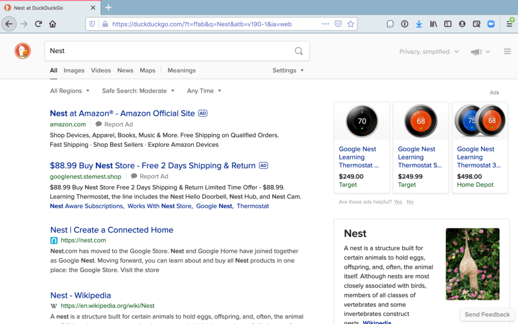 A DuckDuckGo search for "Nest" filled with Google Nest thermostat ads and links.