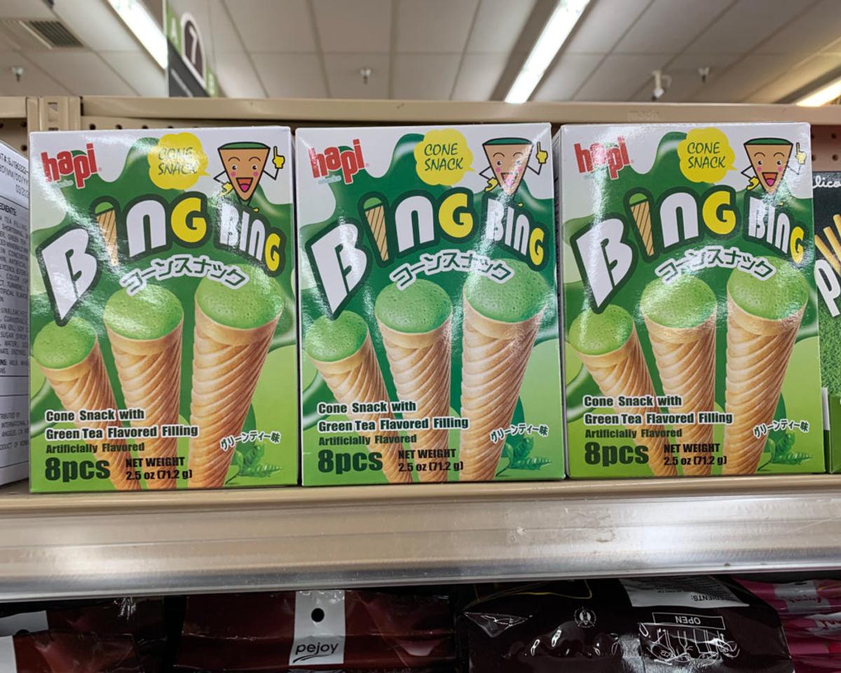 Three shelf boxes of Hapi "Bing Bing" cone snacks with green tea flavored filling, 8 pcs.