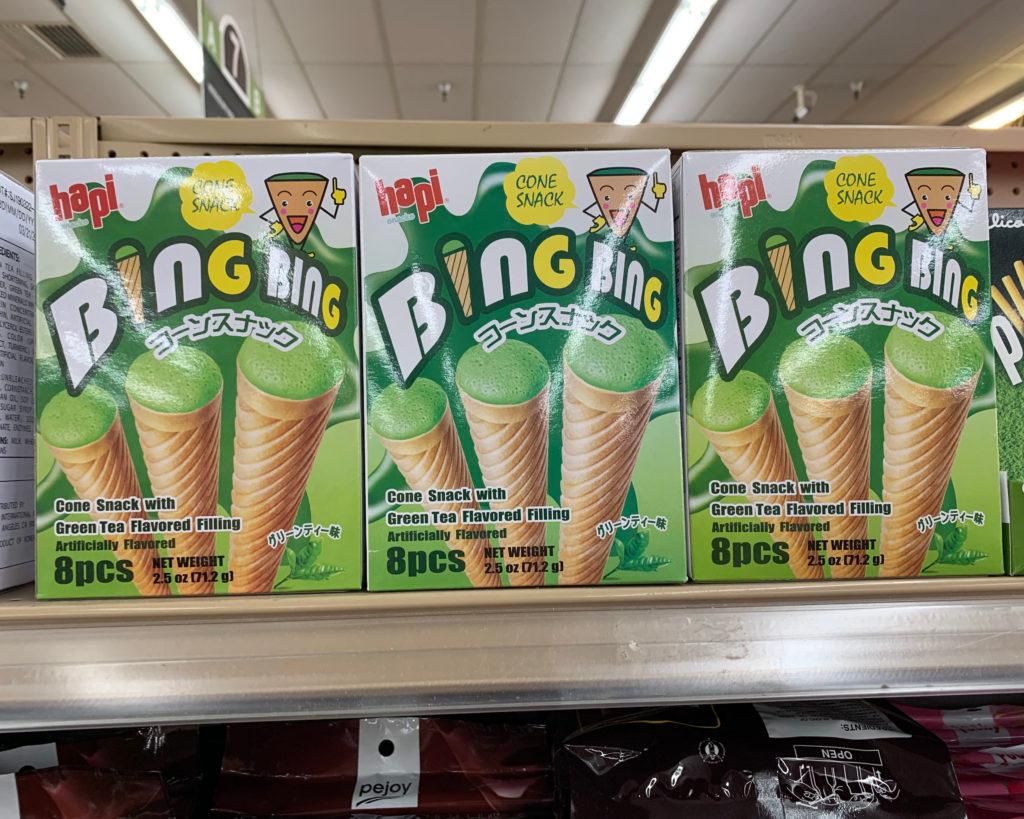 Three shelf boxes of Hapi "Bing Bing" cone snacks with green tea flavored filling, 8 pcs.