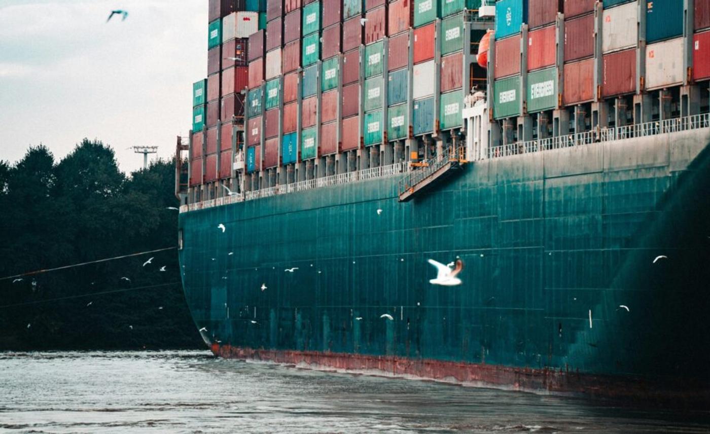 A container ship stacked high, gulls crossing the water at its bow