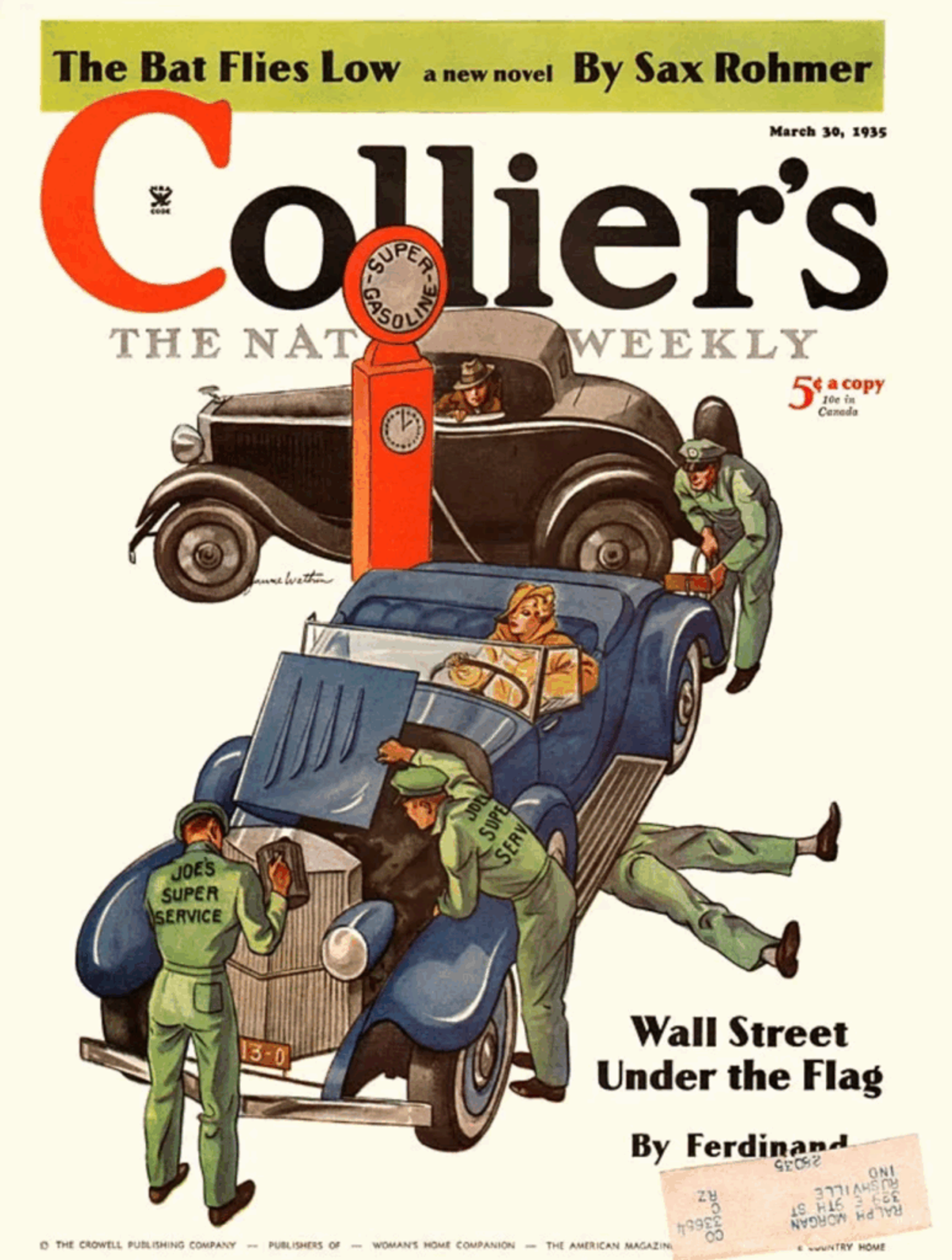 Collier's magazine cover from 1935: attendants in "Joe's Super Service" uniforms swarming a car at a gas pump.