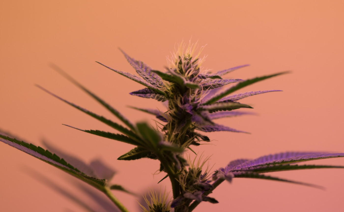 A cannabis plant in flower against a warm apricot backdrop