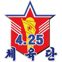 Crest of North Korea's 4.25 Sports Club: red shield with "4.25" beneath a star and torch.